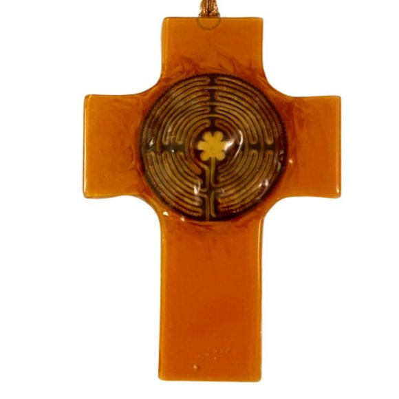 Hand Crafted Other - Fused Art Glass Cross Handmade Carmel Color Center Flower Wall Decor Gallery